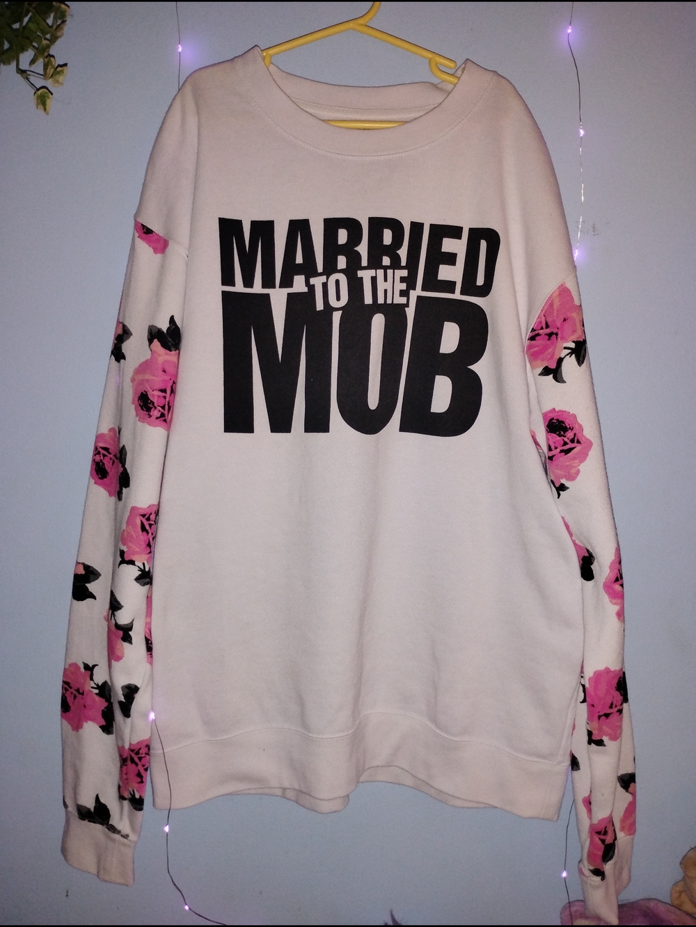 Married to the Mob Cream Crewneck with Pink Floral Sleeves and Black Logo